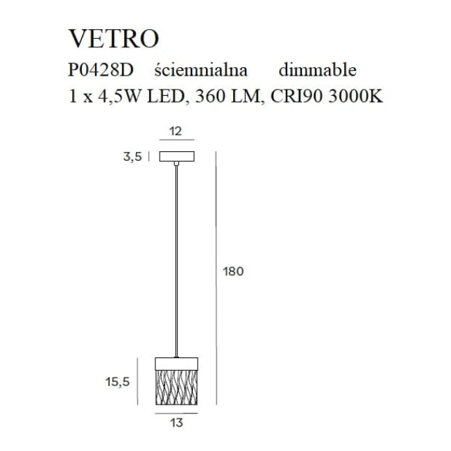 4.5W Pakabinamas LED šviestuvas VETRO, 3000K, DIMM, Triac, Auksinis, P0428D