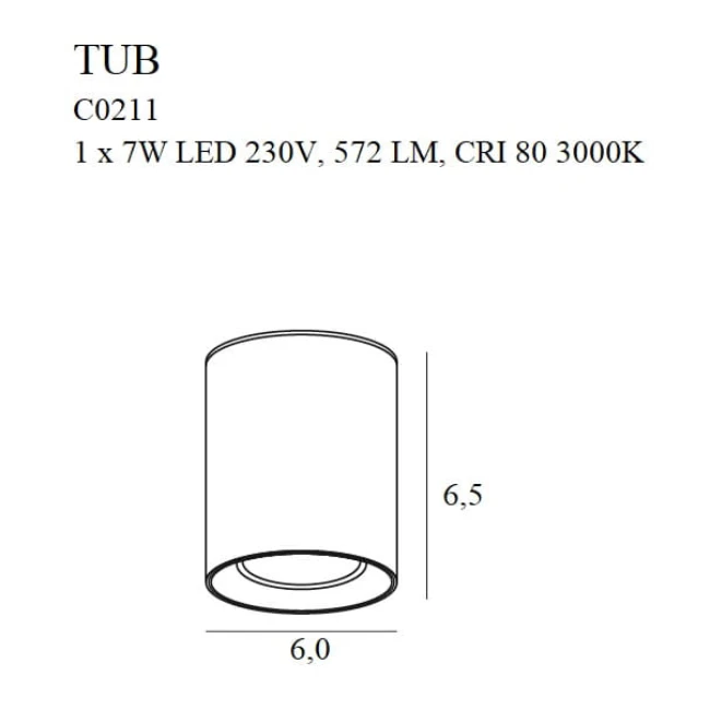 7W Lubinis šviestuvas TUB, 3000K, Juodas, C0211